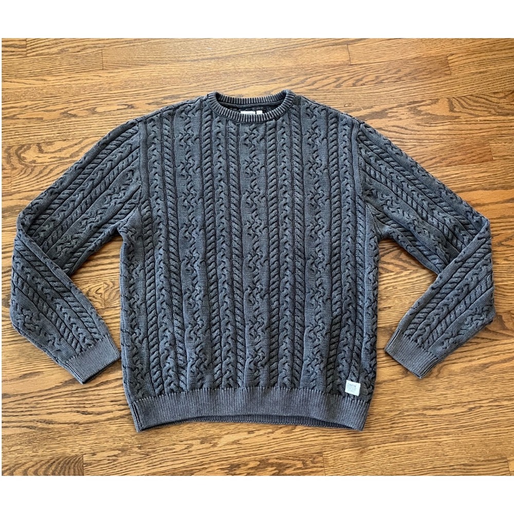 Katin Mens Cable Knit Sweater Large Fisherman Gray Crew Neck Coastal Pullover